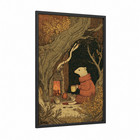 Cozy Weasel framed art print — black wood frame — russet and gold palette