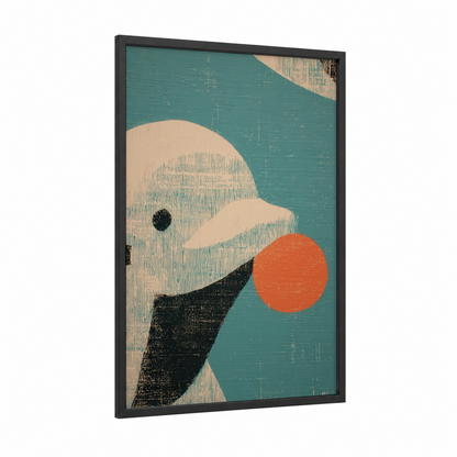 Playful Beluga Whale framed art print — black wood frame — teal and cream palette