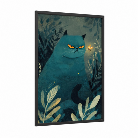 Mystical Cat Fireflies framed art print — black wood frame — teal and gold palette