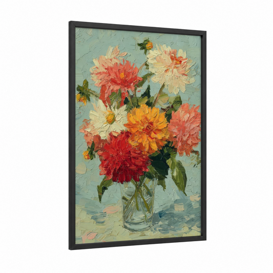 Vibrant Dahlia Bouquet framed art print — black wood frame — peach and light green palette