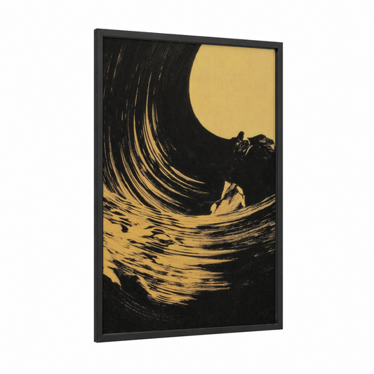 Moonlit Swirl framed abstract classic print — black wood frame — black and gold and gold palette
