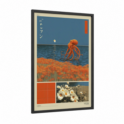 Octopus Reverie framed japanese y2k print — black wood frame — blue and red palette