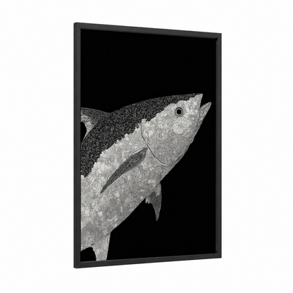 Stippled Tuna framed art print — black wood frame — black and white palette