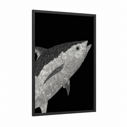 Stippled Tuna framed art print — black wood frame — black and white palette