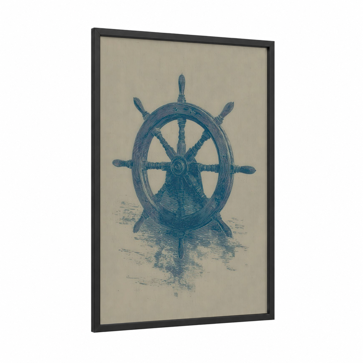 Coastal Shipwheel framed art print — black wood frame — blue and cream palette