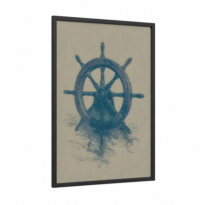 Coastal Shipwheel framed art print — black wood frame — blue and cream palette