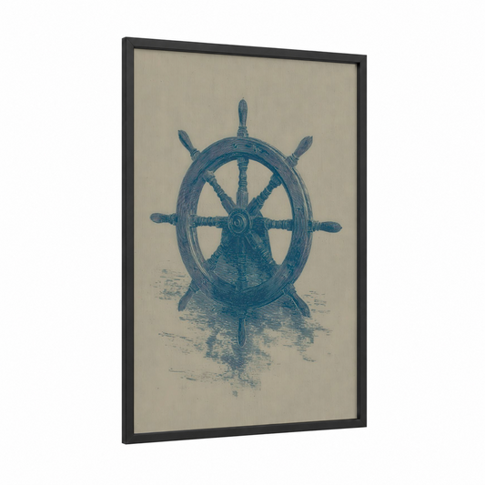 Coastal Shipwheel framed art print — black wood frame — blue and cream palette
