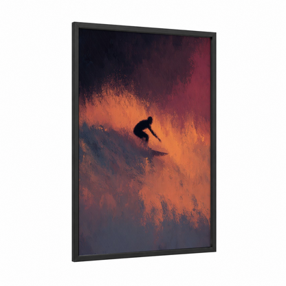 Sunset Wave Rider framed water surfing print — black wood frame — orange and red palette