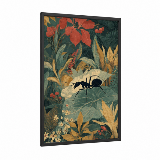 Garden Ant Explorer framed art print — black wood frame — gold and dark green palette
