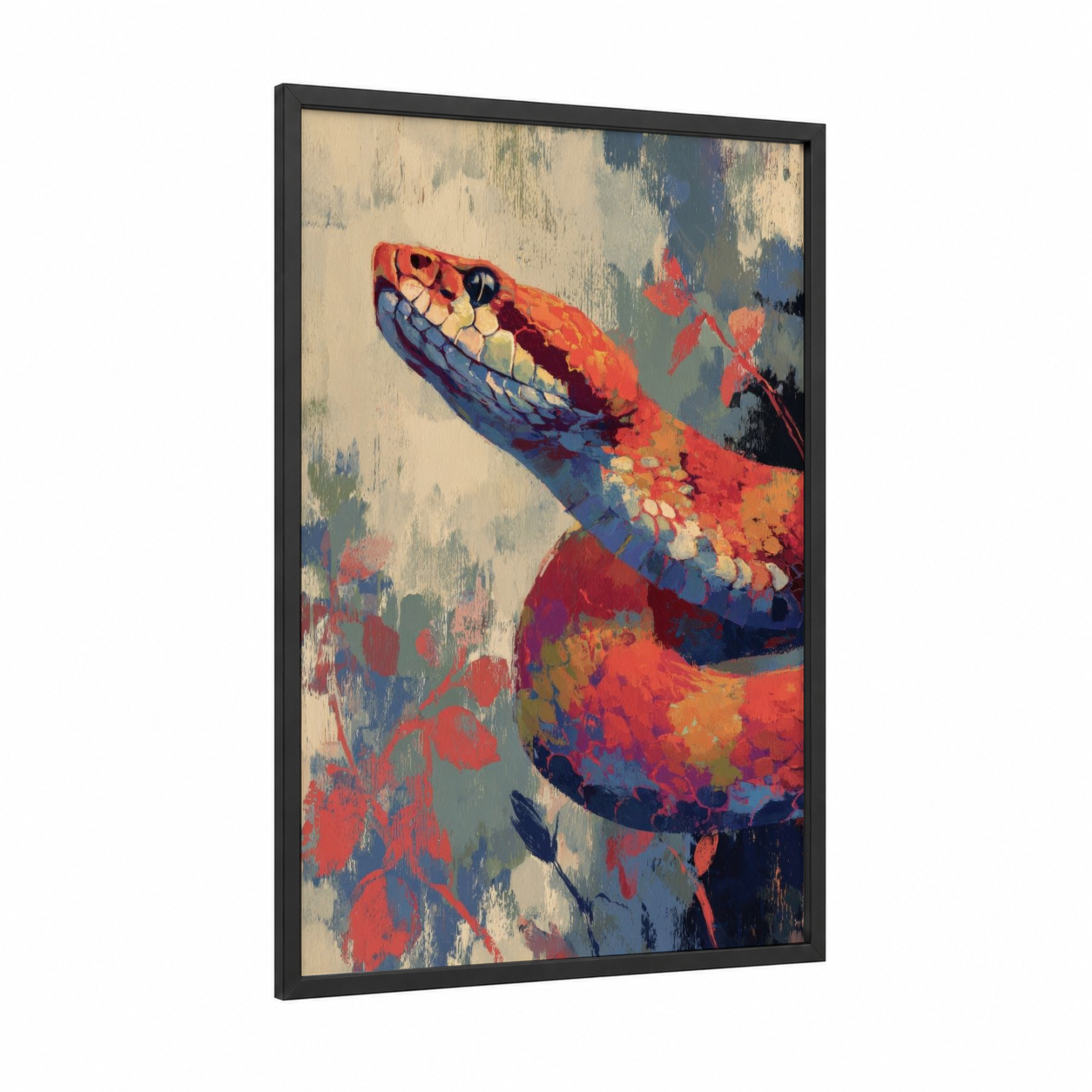Crimson Viper framed art print — black wood frame — red and dark blue palette