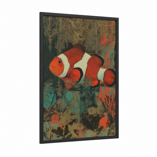 Ornate Clownfish framed clown fish print — black wood frame — red and teal palette