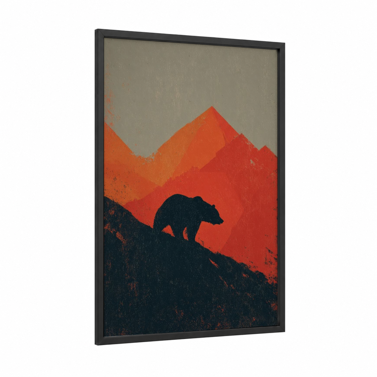Alpine Grizzly framed grizzly bear print — black wood frame — red and black palette
