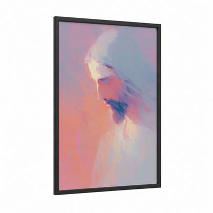 Serene Visage framed jesus christ print — black wood frame — salmon pink and blue palette