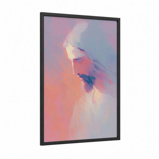 Serene Visage framed jesus christ print — black wood frame — salmon pink and blue palette