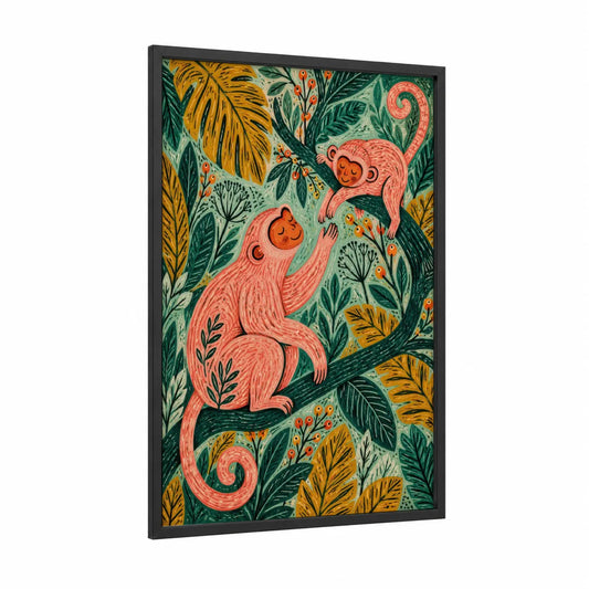 Tropical Monkeys in Jungle Wall Art framed art print — black wood frame — teal and salmon pink palette