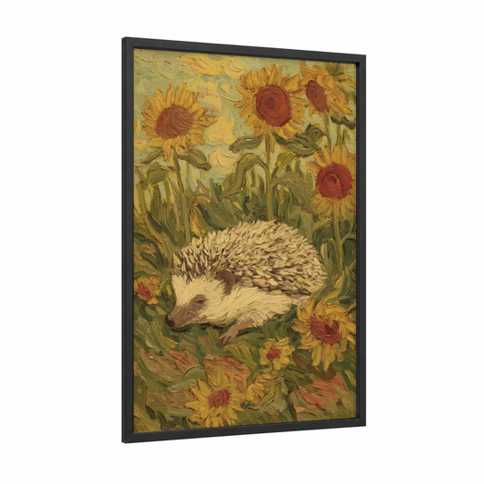 Sunflower Hedgehog framed art print — black wood frame — gold and yellow gold palette