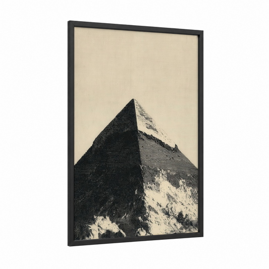 Snowy Pyramid framed great pyramid of giza print — black wood frame — black and white and gray palette