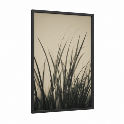 Minimalist Grass framed art print — black wood frame — beige and gray palette