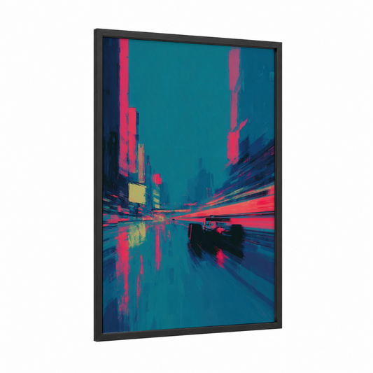 Neon Speed Rush framed auto racing print — black wood frame — magenta and teal palette