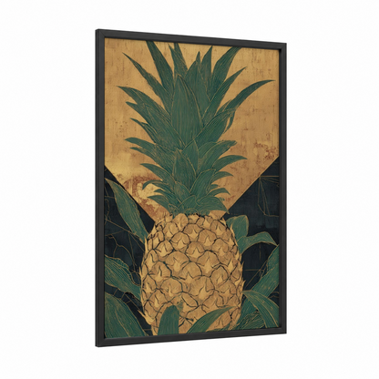 Golden Pineapple framed fruit print — black wood frame — gold and dark green palette