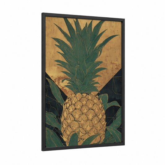 Golden Pineapple framed fruit print — black wood frame — gold and dark green palette