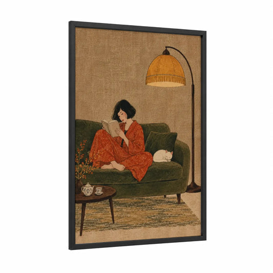 Woman Reading with Sleeping Feline Wall Art framed art print — black wood frame — orange and olive palette