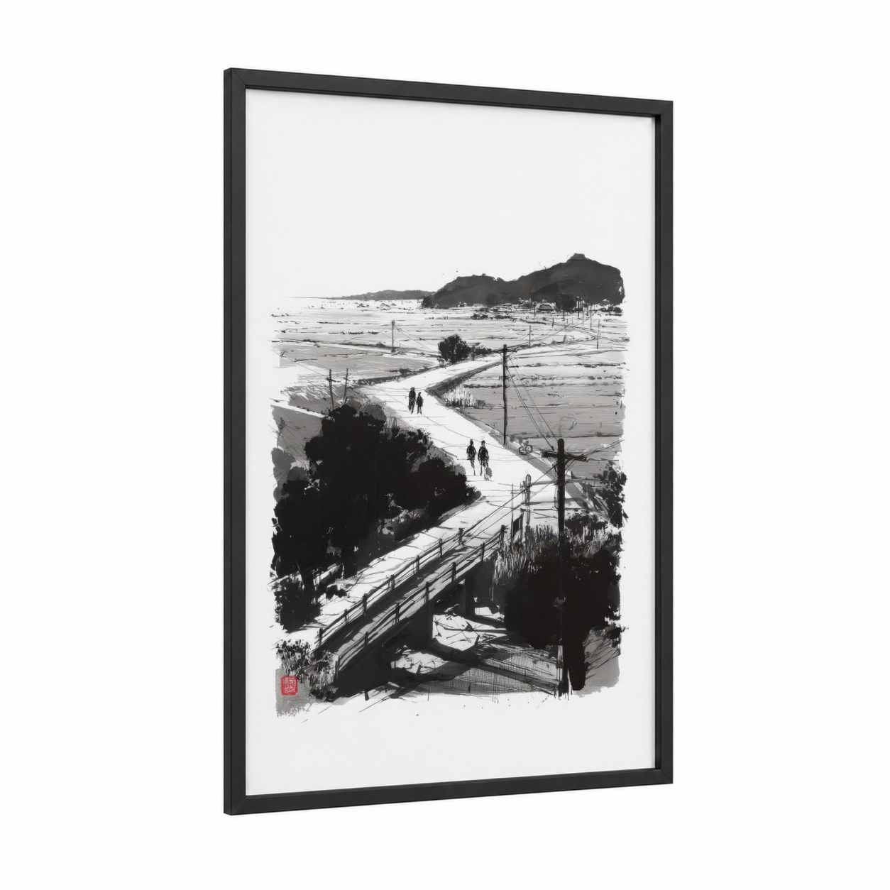 Countryside Bridge View framed various landscapes print — black wood frame — black and white and gray palette