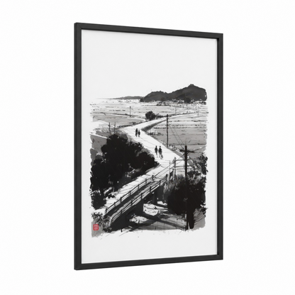 Countryside Bridge View framed various landscapes print — black wood frame — black and white and gray palette