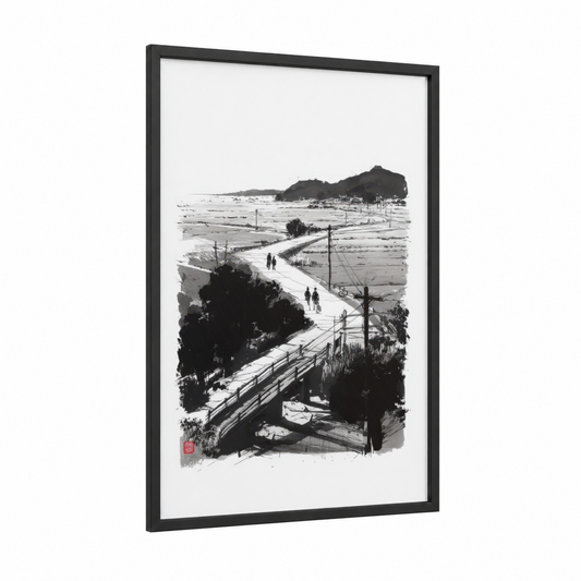 Countryside Bridge View framed various landscapes print — black wood frame — black and white and gray palette