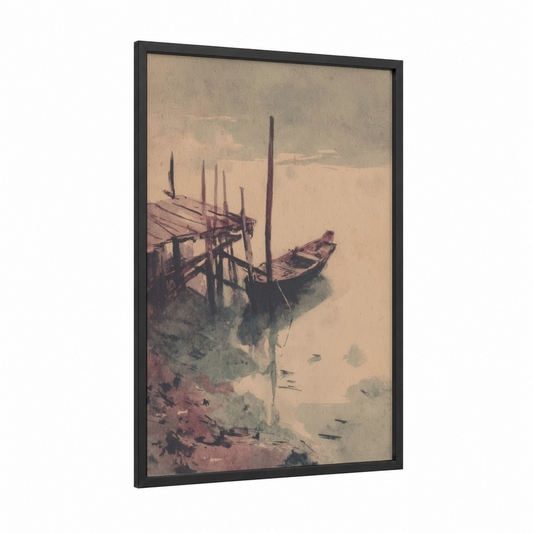 Misty Gondola framed art print — black wood frame — beige and sage green palette