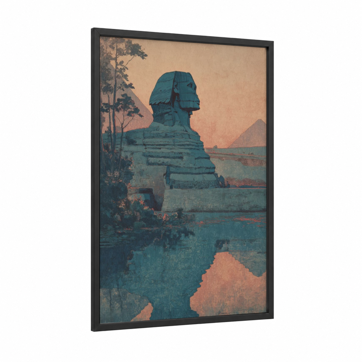 Ancient Sphinx framed art print — black wood frame — teal and peach palette