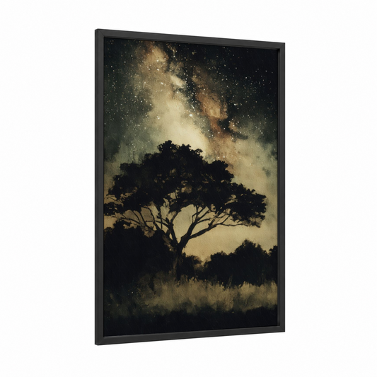 Starlit Acacia framed savanna and desert trees print — black wood frame — black and gold palette