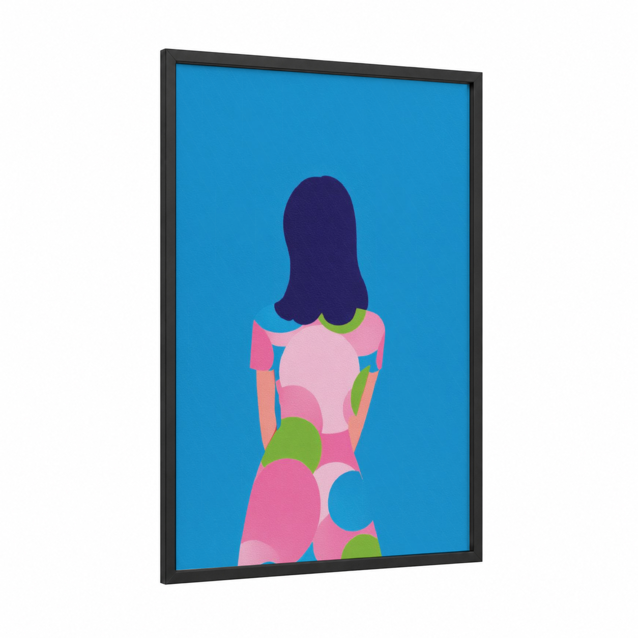 Geometric Fashion Silhouette framed fashion illustration print — black wood frame — blue and pink palette
