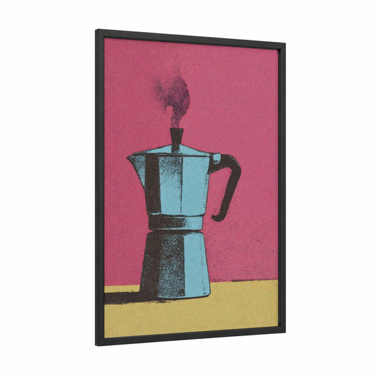 Retro Moka Pot framed kitchen utensils print — black wood frame — magenta and aquamarine palette