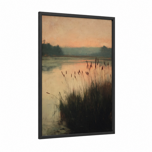 Dawn Lake Reeds framed lakes print — black wood frame — peach and gray palette