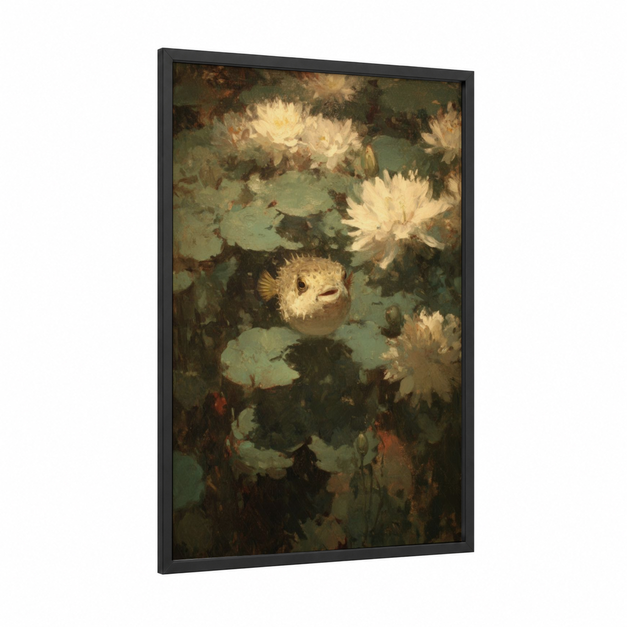 Lily Pad Puffer framed puffer fish print — black wood frame — sage green and cream palette