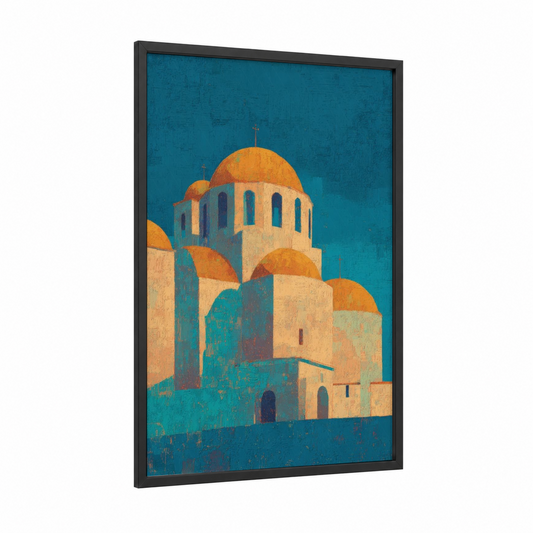 Golden Monastery Dome framed art print — black wood frame — gold and teal palette