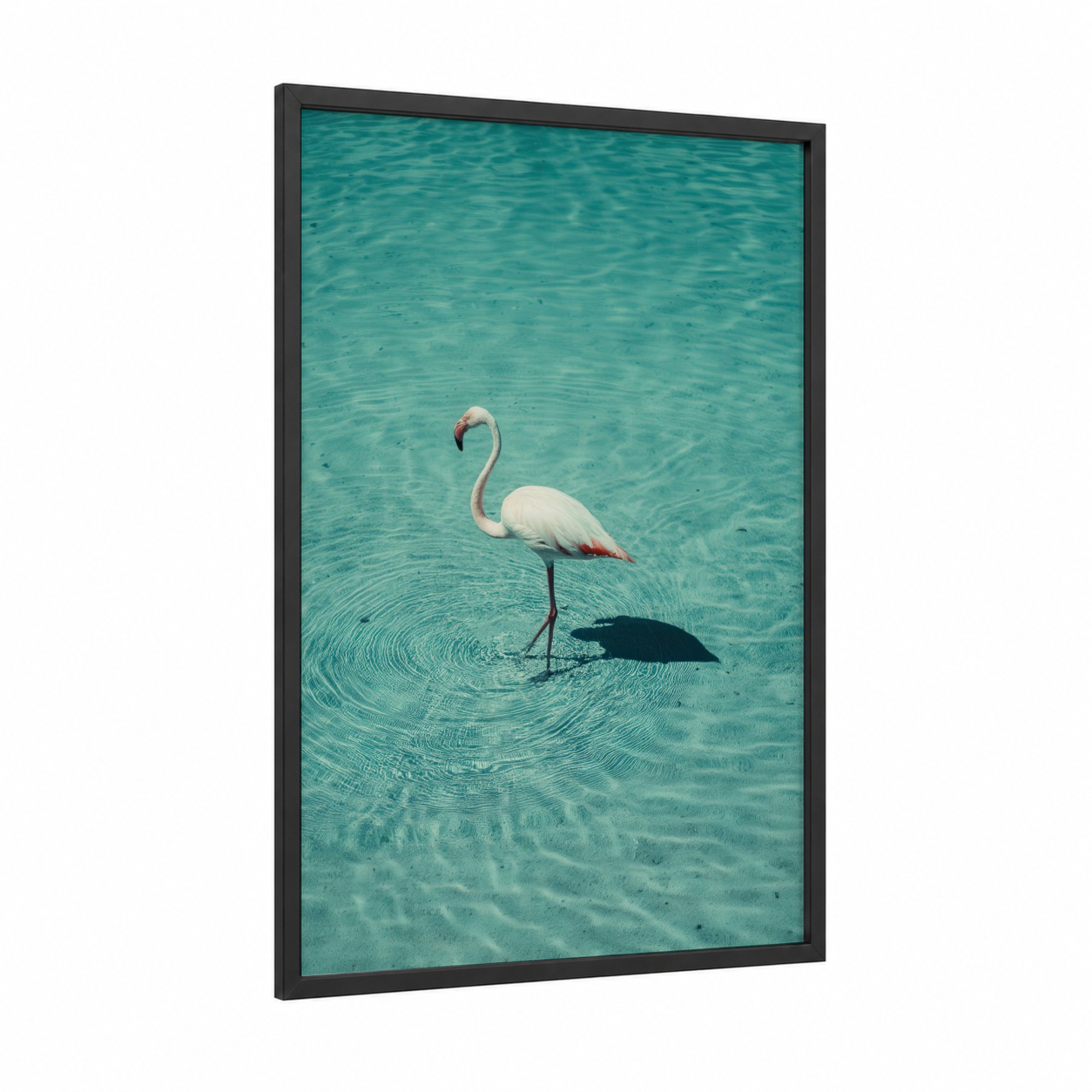 Turquoise Flamingo framed art print — black wood frame — turquoise and white palette
