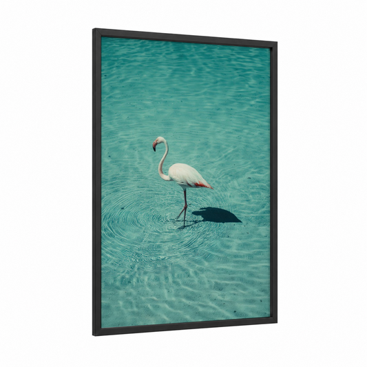 Turquoise Flamingo framed art print — black wood frame — turquoise and white palette