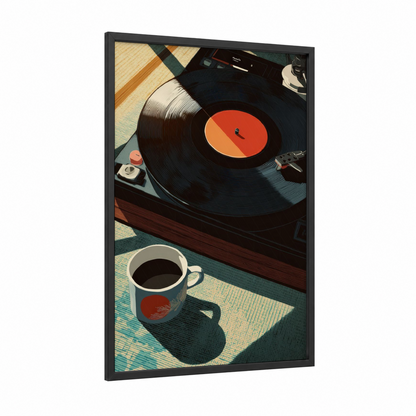 Vinyl Turntable Setup framed vinyl records print — black wood frame — red and cream palette