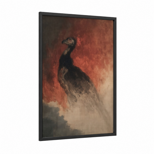 Crimson Chimera framed art print — black wood frame — russet and gold and white palette