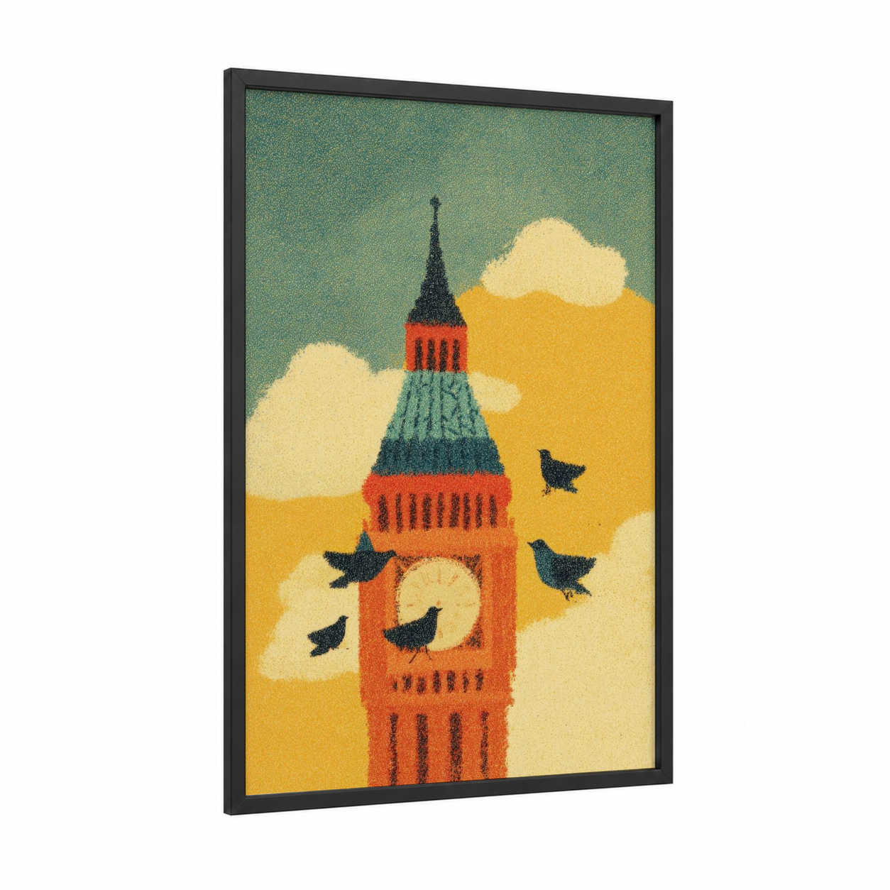 Golden Big Ben framed art print — black wood frame — yellow gold and teal palette
