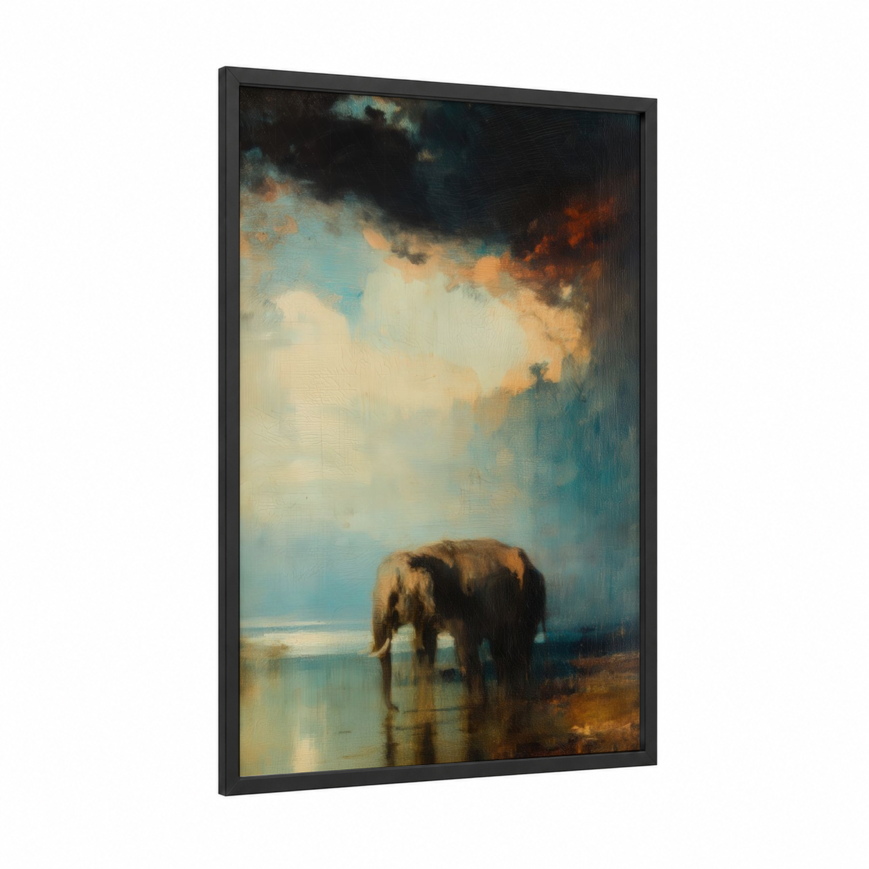 Solitary Elephant framed asian elephant print — black wood frame — gold and teal palette