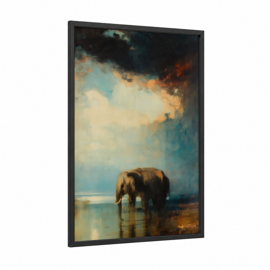Solitary Elephant framed asian elephant print — black wood frame — gold and teal palette