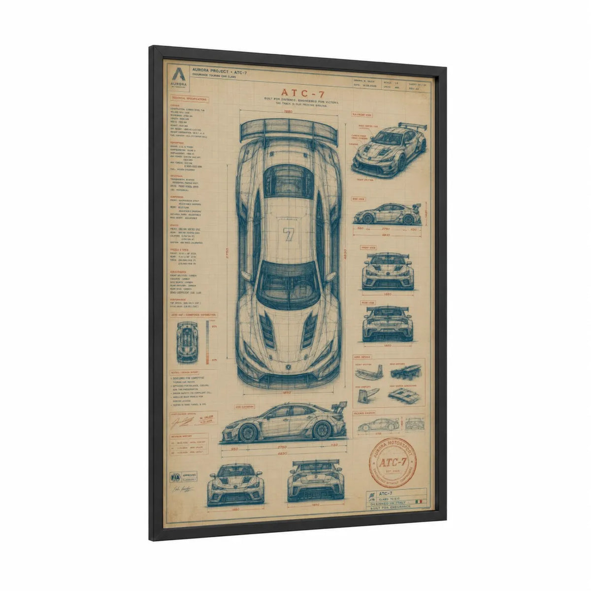 Race Car Blueprint Technical Wall Art framed art print — black wood frame — blue and cream palette