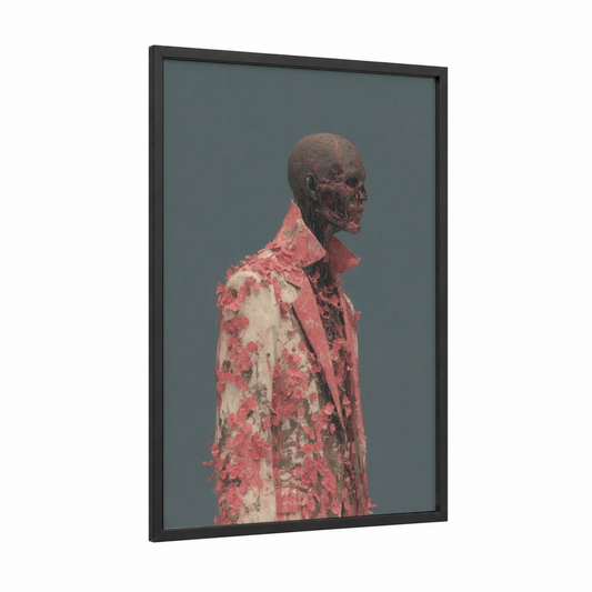 Decaying Elegance framed zombie print — black wood frame — bermuda gray and salmon pink palette