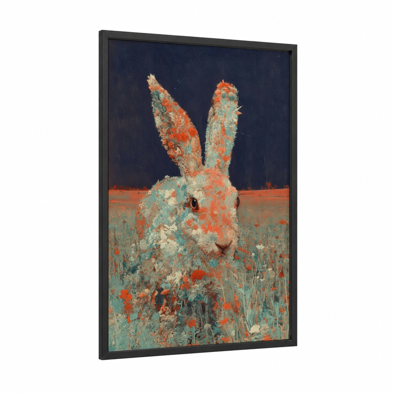 Wildflower Rabbit framed art print — black wood frame — russet and sage green palette