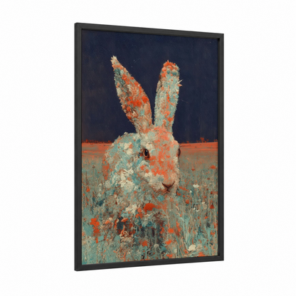 Wildflower Rabbit framed art print — black wood frame — russet and sage green palette
