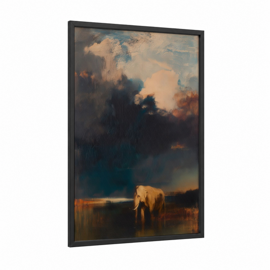 Solitary Elephant framed asian elephant print — black wood frame — gold and dark blue palette
