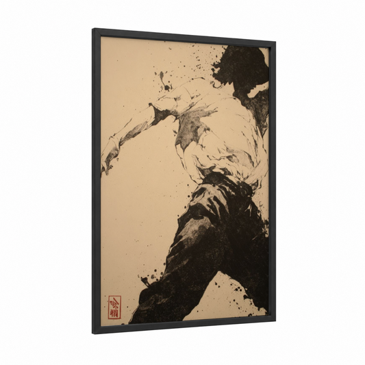 Dynamic Zumba Dancer framed art print — black wood frame — black and white and cream palette